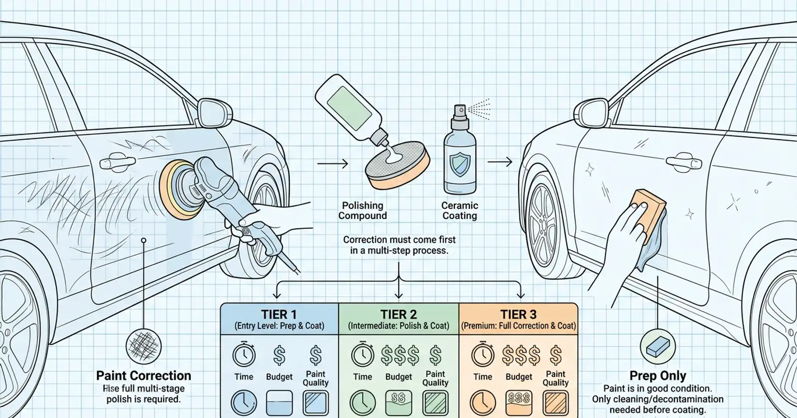 Illustration for Is Paint Correction Inside Your Ceramic Coating Quote? How to Read the Tiers